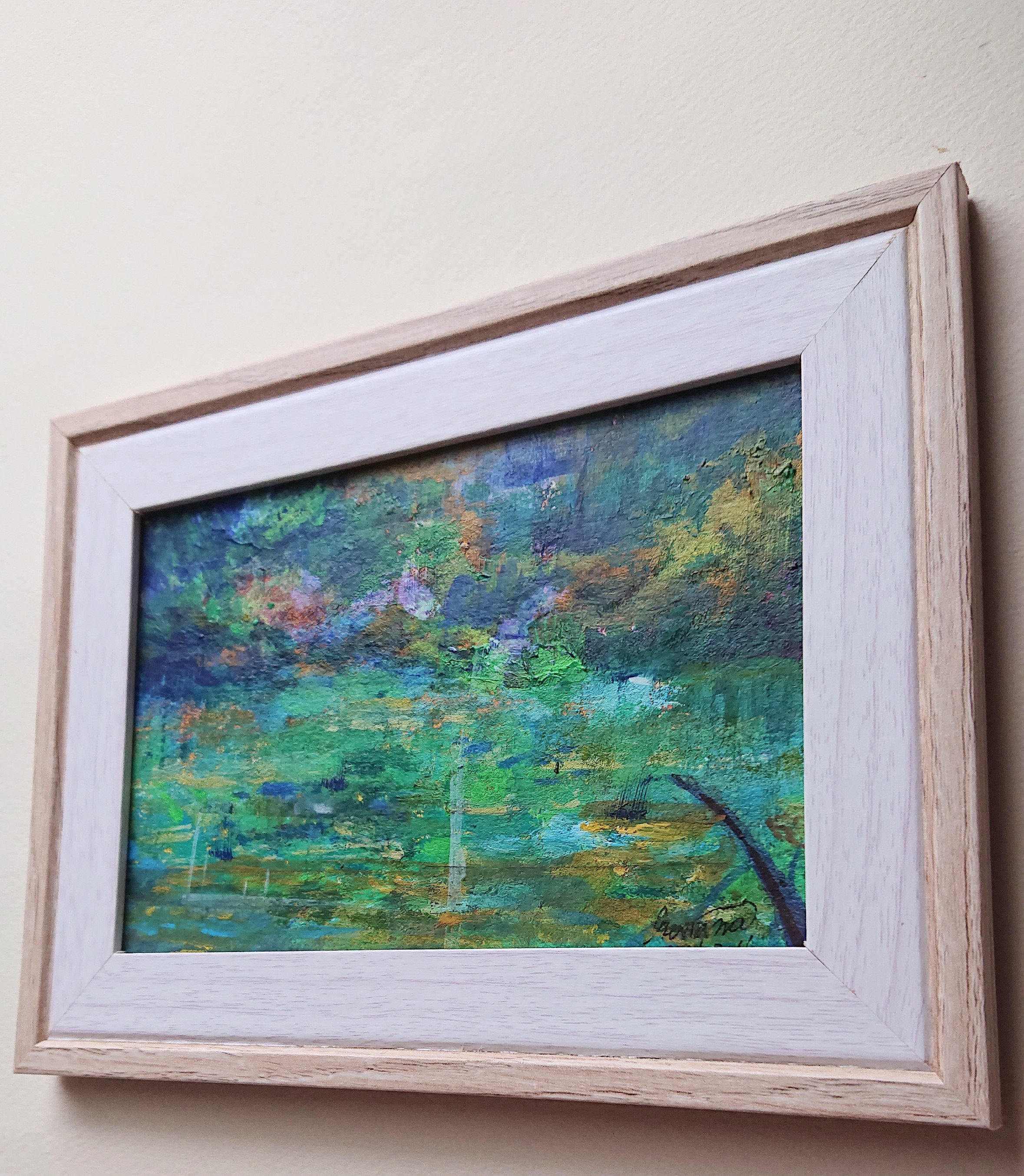 原画 うすくらがり～緑 インテリア 森林モチーフ 湖 抽象画 風景