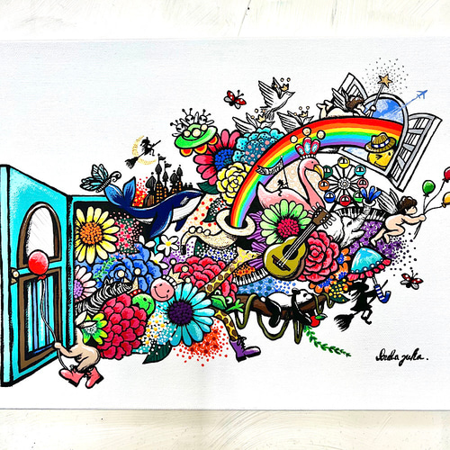 手描き絵画 「とびだす幸せ」 アクリル画 絵画 inabayuka 通販