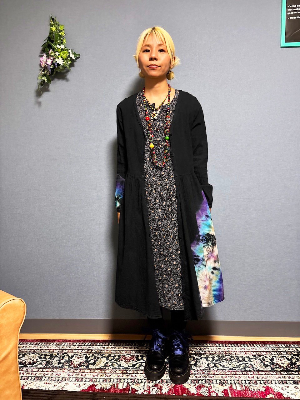 タイダイ染め 前開きロングワンピース ブラックビューティ 美しい染め色ブラックにオーロラ模様 HD23-20