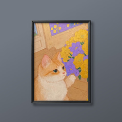 絵画。原画手描【ふわふわしたマットの上にいるかわいい黒猫が