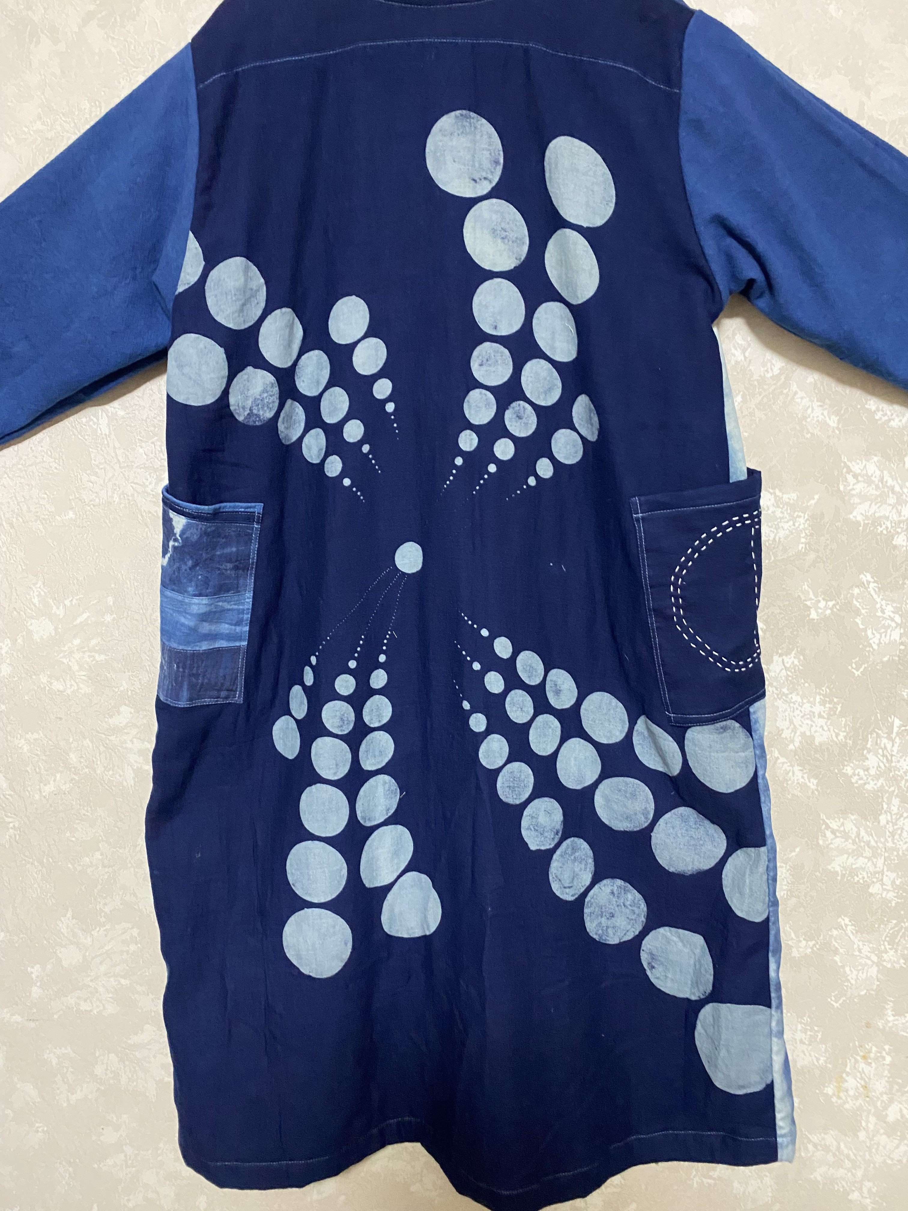 263.藍染めコート、刺し子　丸の型染め　パッチ　絞り染め