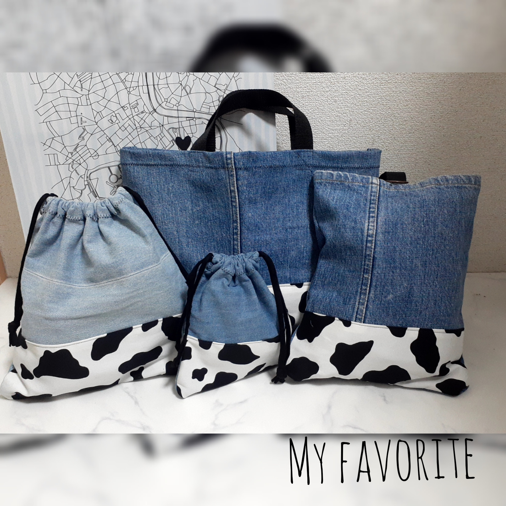 入学グッズ　四点セット　デニム　モノトーン　にこちゃん　入園グッズ　入学準備　牛柄　新学期