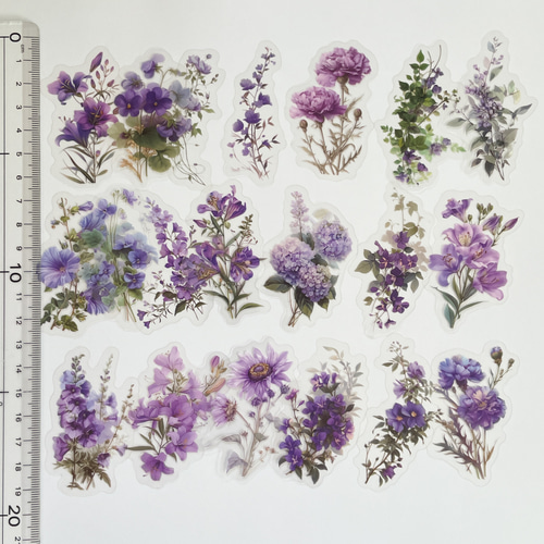2141】コラージュ素材 紫の花 PETシール 50枚 シール・ステッカー