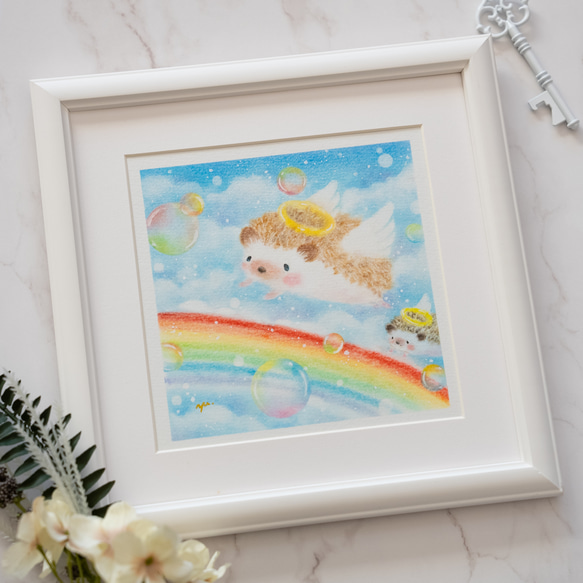 原画】「虹の橋」 はりねずみ 天使 空 パステルアート かわいい動物