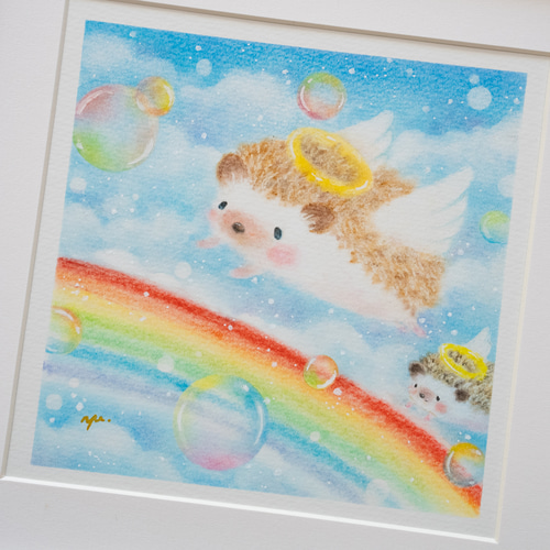 原画】「虹の橋」 はりねずみ 天使 空 パステルアート かわいい動物