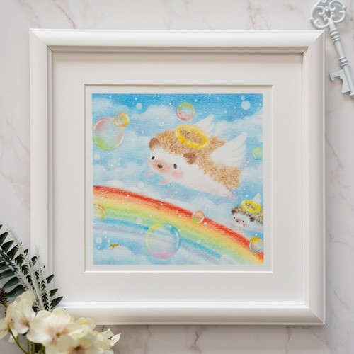 原画】「虹の橋」 はりねずみ 天使 空 パステルアート かわいい動物