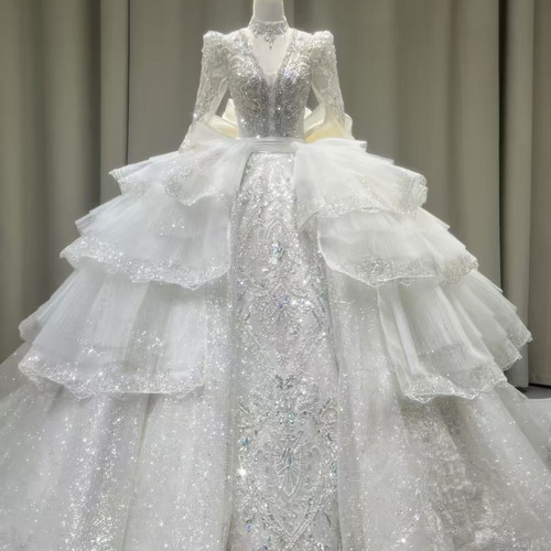 2025新作 蝶々 リボン 高級ウェディングドレス ホワイト 長袖 半袖可能