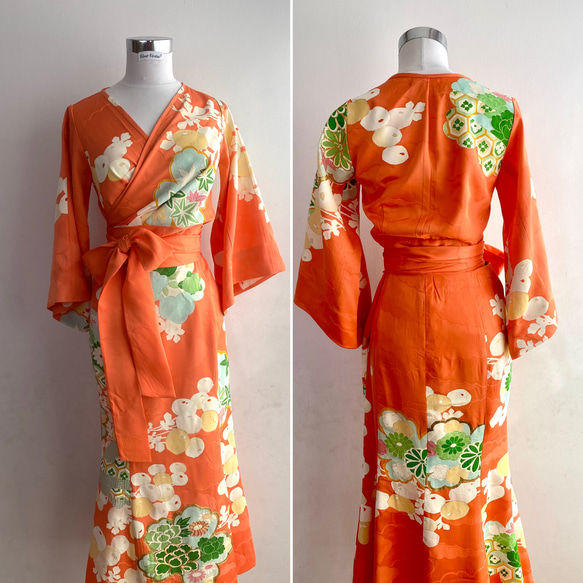 着物リメイク サーモンオレンジ カシュクールブラウスと