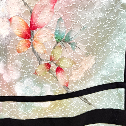 グリーン 正絹ライン入り極上 上質ワンピ 着物リメイク ペンシル