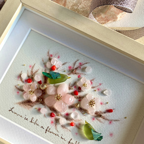 梅と鶯 シーグラス／天然石／フレームアート／壁掛け／手描き／春／花