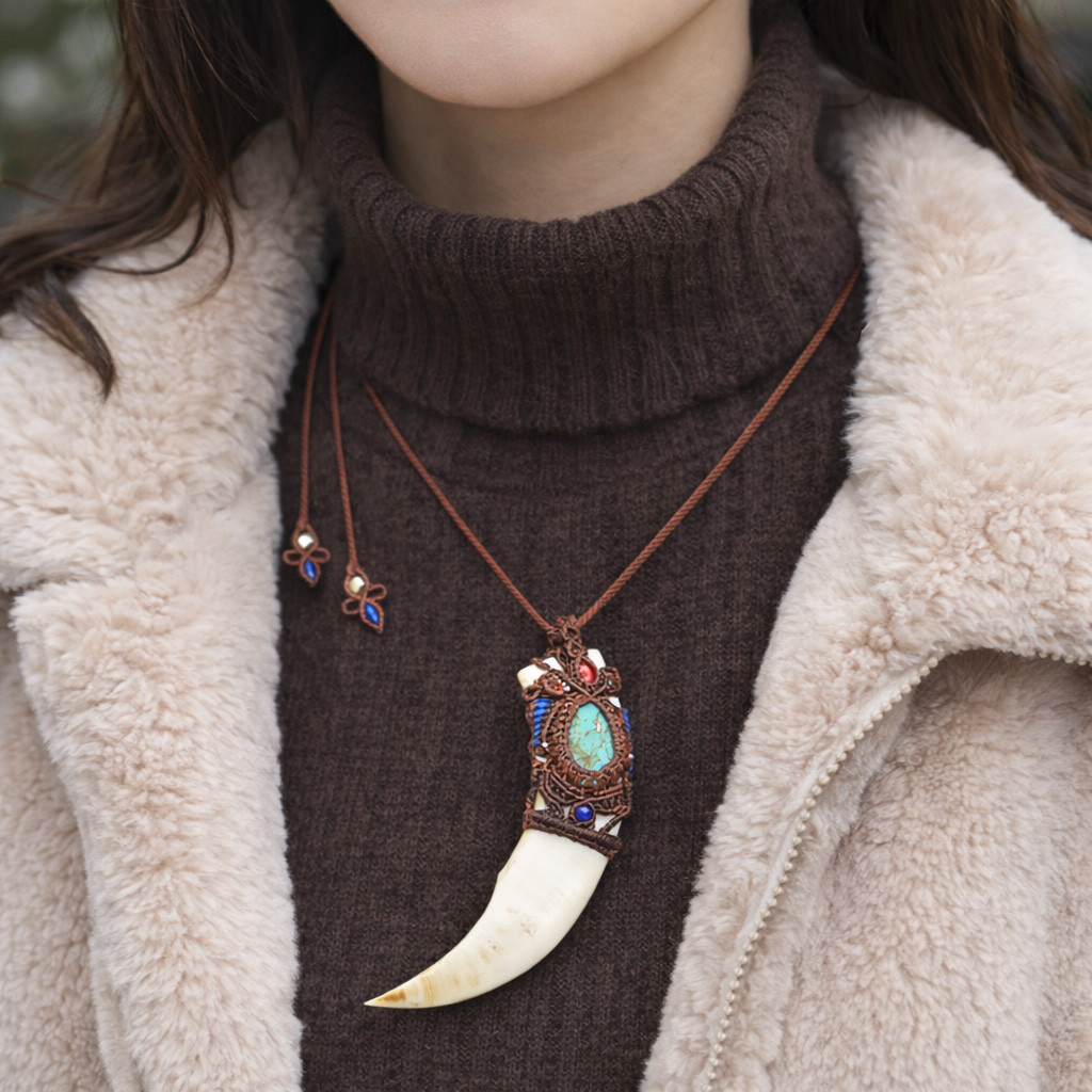 魔を除けるお守り『猪の牙』魔石とシルバーマクラメ編ネックレス