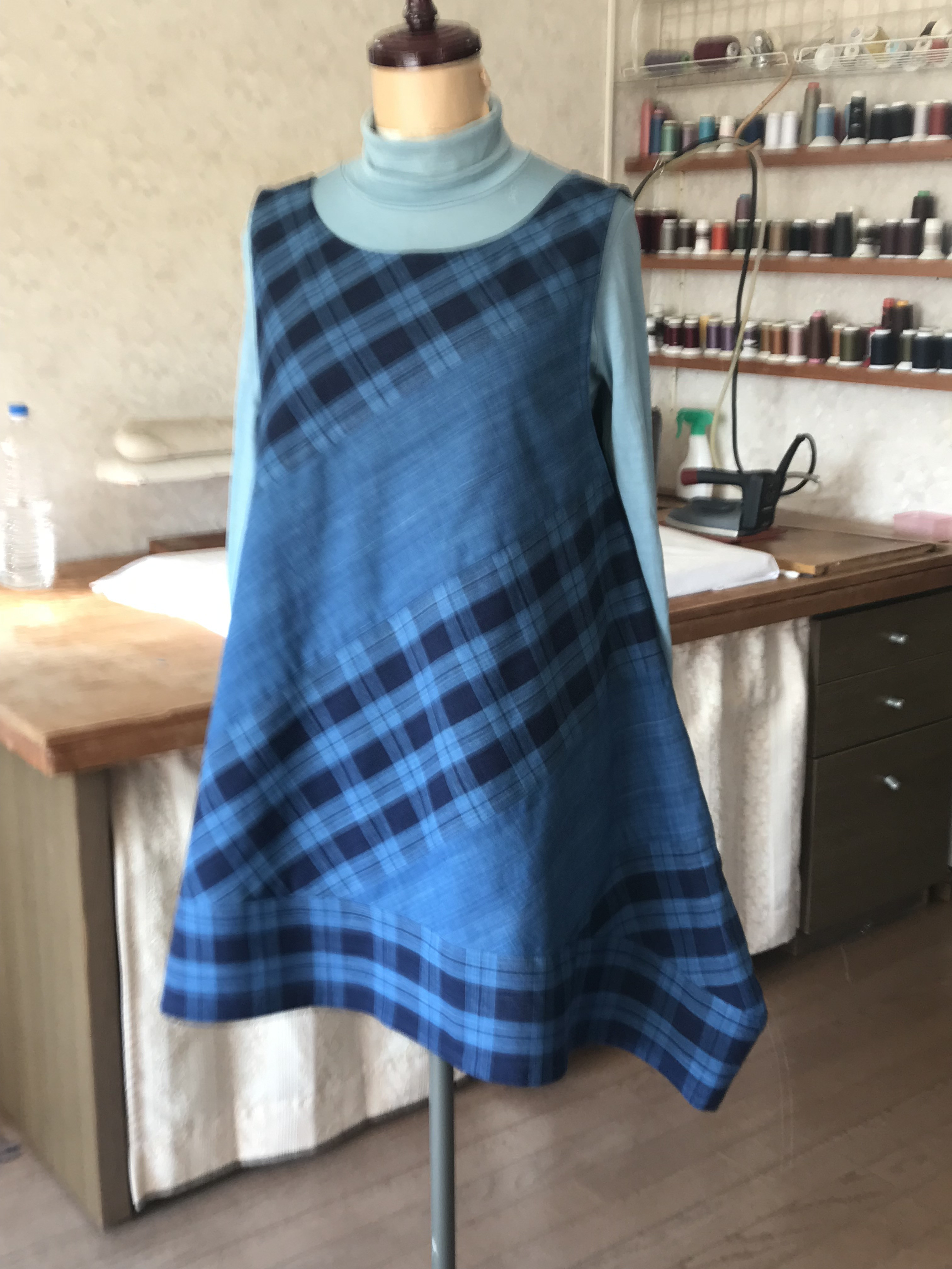 三重物産松阪もめん格子柄と無地の組み合わせテント型チュニック