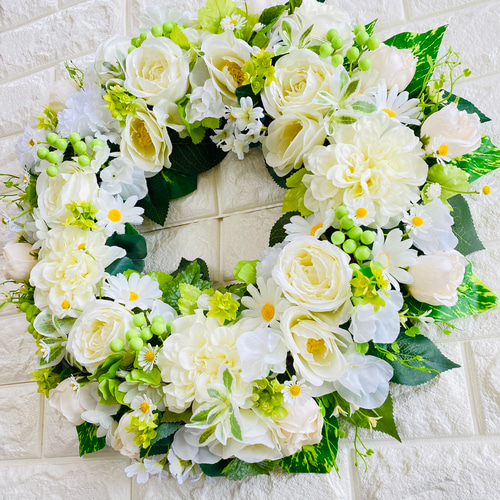 白バラのリース 特大43cm ウェディング 結婚祝い ホワイト 記念日 誕生