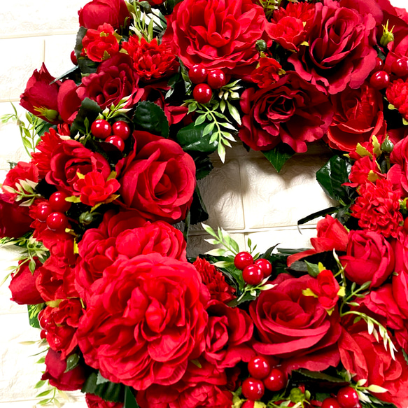 赤バラのリース　特大45cm 結婚祝い　誕生日　還暦祝い　開店祝い　母の日　プレゼント　ウェルカムリース　アーティシャル 5枚目の画像