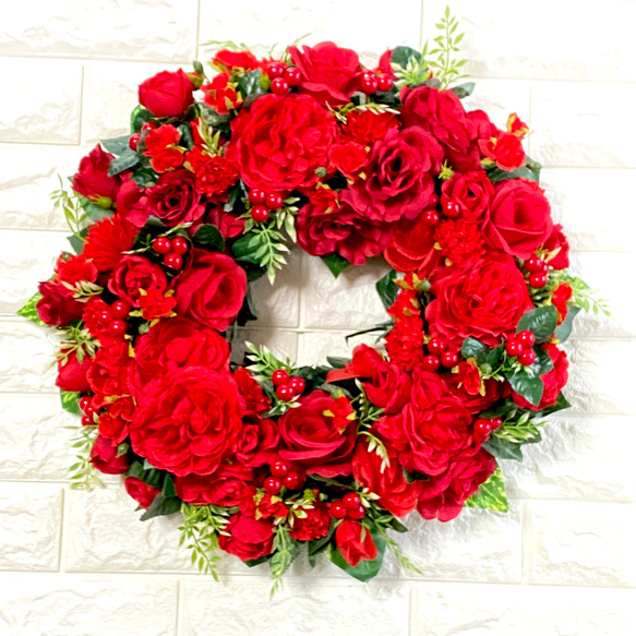 赤バラのリース　特大45cm 結婚祝い　誕生日　還暦祝い　開店祝い　母の日　プレゼント　ウェルカムリース　アーティシャル 1枚目の画像