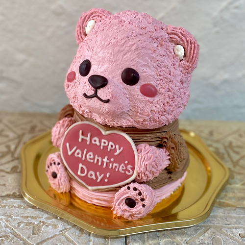 限定カラーのくまさんの立体ケーキ(ピンク×チョコ) [ご希望のお受取り