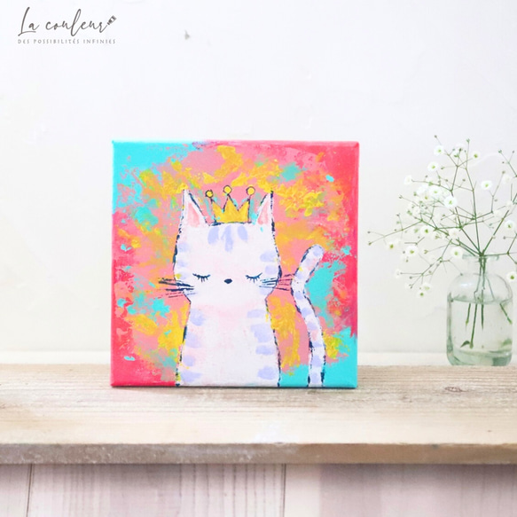 【受注制作】【特集掲載】【原画】ナンバーワン　白猫のモモさん　キャンバス　絵画　18cm角　送料無料　猫の日2025 4枚目の画像