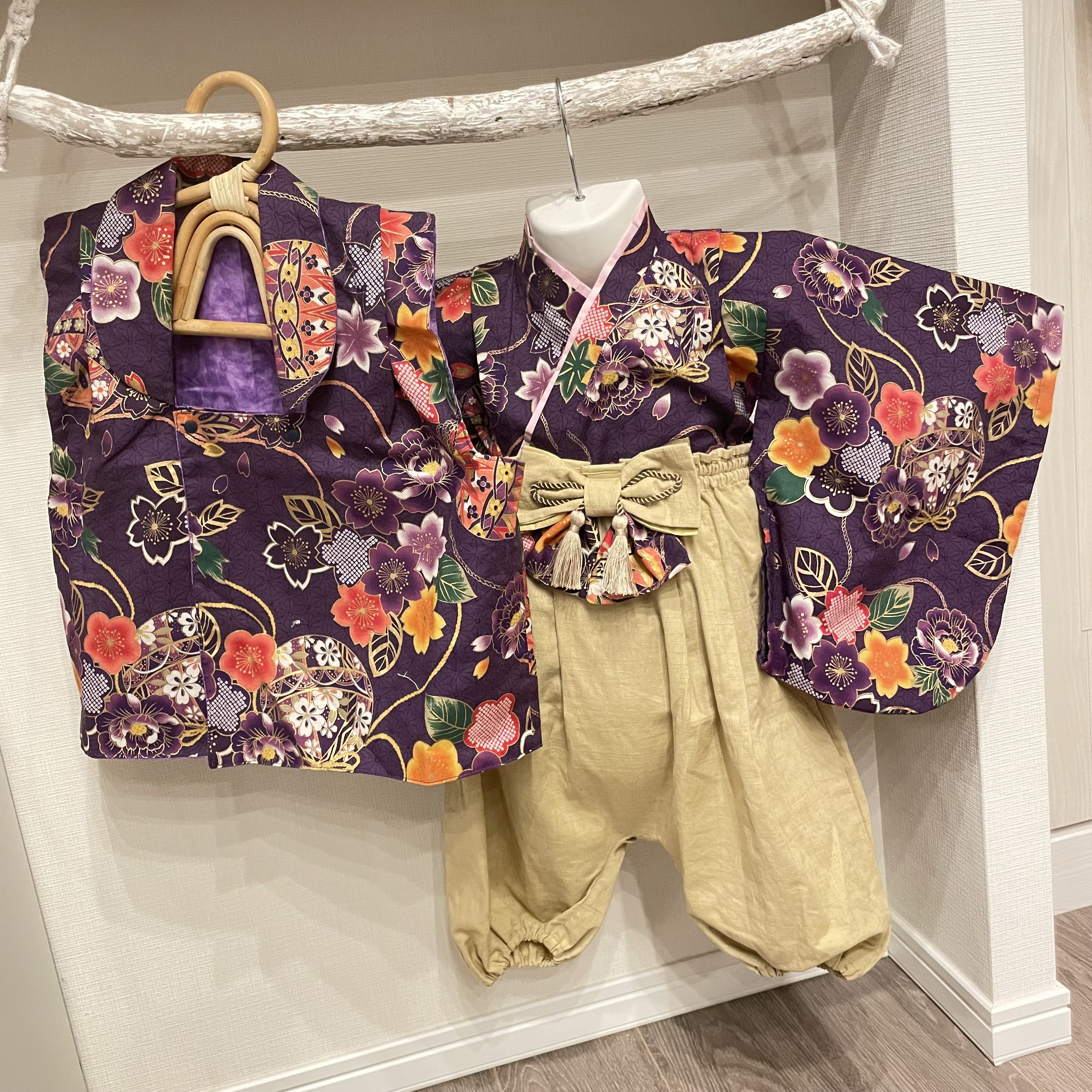 【送料込み】80-90cm 3Way ベビー袴　被布ベスト 3点セット　女の子　和柄　和服