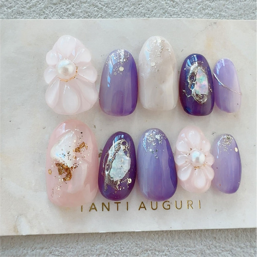 27 【サイズオーダー】 成人式 ネイルチップ ぷっくりフラワー 卒業式 紫