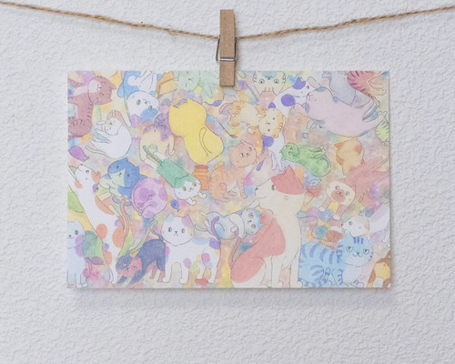 猫いっぱい ポストカード / グッズ 部屋 水彩 イラスト 猫 絵本風