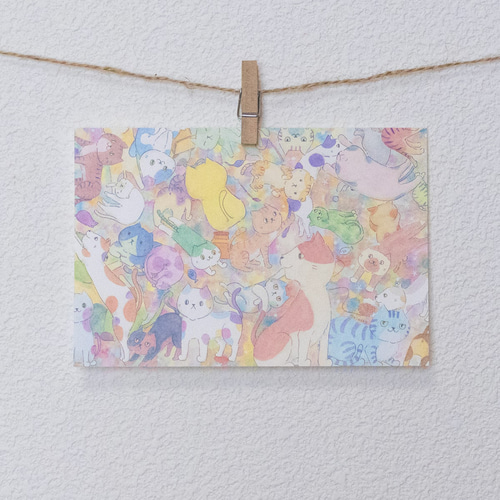ある日の美術館　猫の親子　ポストカードsize　水彩画原画 猫の絵 328 水彩画 原画 サビ猫 ポストカードサイズ - メルカリ