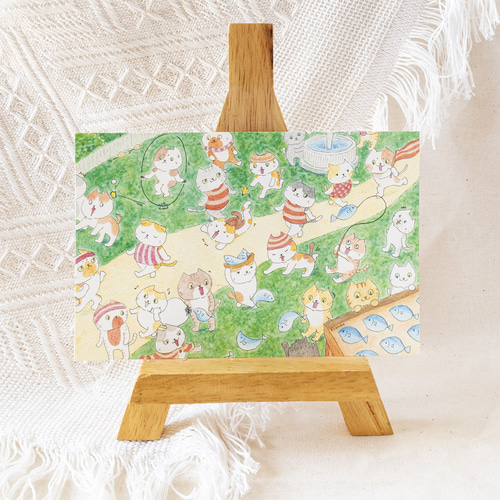 【即日発送】キッズアート ポストカード 水彩画 ねこたちとひなたぼっこ ポストカード 水彩画 イラスト アート ねこ