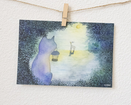 【即日発送】キッズアート ポストカード 水彩画 夜の森の風景 ポストカード / グッズ 水彩 イラスト 猫 幻想