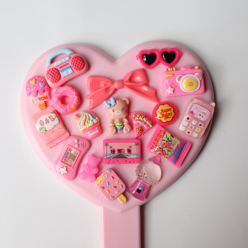 ハート型ピンク手鏡 片面鏡 デコパーツ付きハンドミラー 手鏡 SUZU