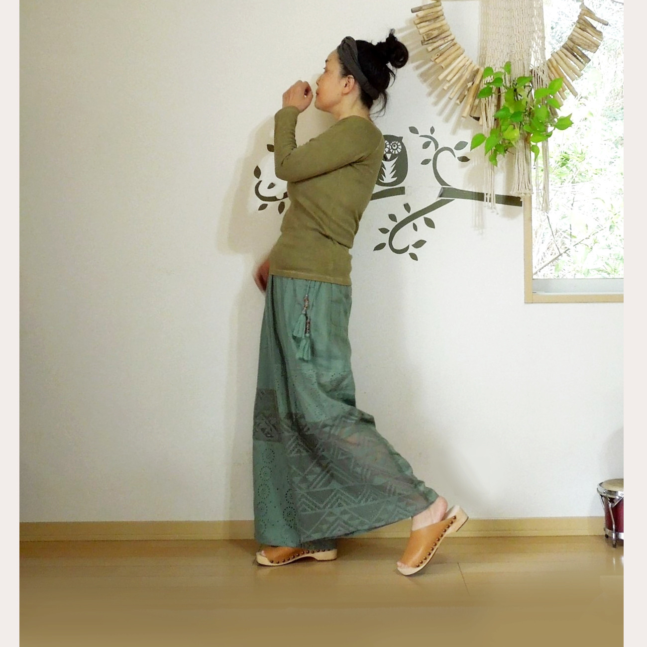 【お取り寄せ】３種のレースパッチ ワイドパンツ●グリーン