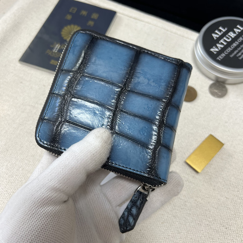 一枚革 珍しい最高級透き通る青クロコダイル財布 YKK ワニ革 鰐 一枚革 珍しい最高級透き通る青クロコダイル財布 YKK ワニ革 鰐