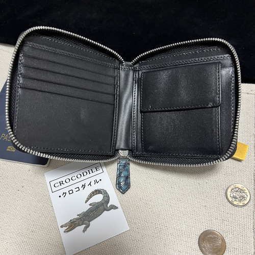 一枚革 珍しい最高級透き通る青クロコダイル財布 YKK ワニ革 鰐