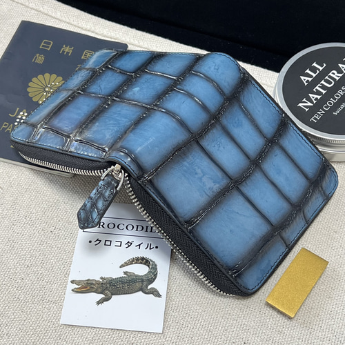 一枚革 珍しい最高級透き通る青クロコダイル財布 YKK ワニ革 鰐 一枚革 珍しい最高級透き通る青クロコダイル財布 YKK ワニ革 鰐