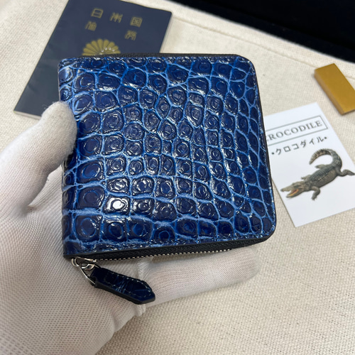 一枚革 珍しい最高級藍色クロコダイル財布 YKKラウンドファスナー ワニ