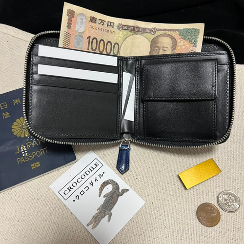 一枚革 珍しい最高級藍色クロコダイル財布 YKKラウンドファスナー ワニ