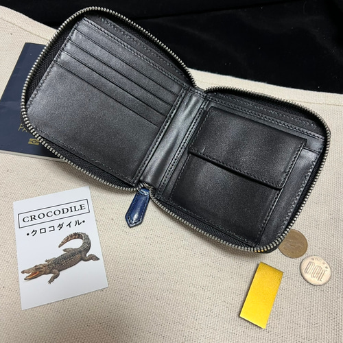 一枚革 珍しい最高級藍色クロコダイル財布 YKKラウンドファスナー ワニ