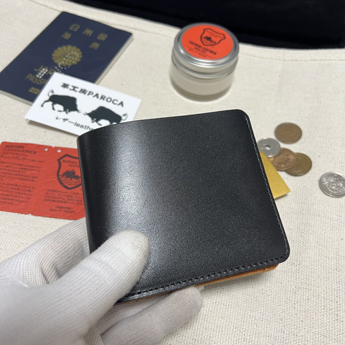 栃木レザー フルレザー 黒 二つ折り財布 本革 牛革 コンパクト ミニ