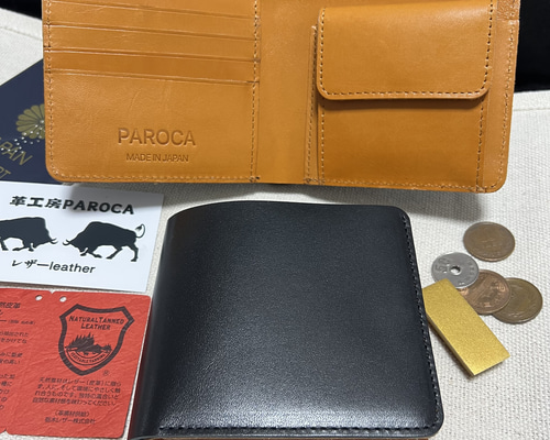 栃木レザー フルレザー 黒 二つ折り財布 本革 牛革 コンパクト ミニ