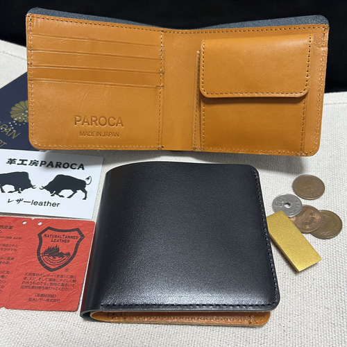 栃木レザー フルレザー 黒 二つ折り財布 本革 牛革 コンパクト ミニ