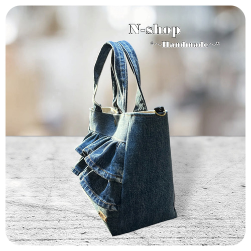 デニムリメイク2段フリル*トートバッグ❥ハンドメイド❥ トート
