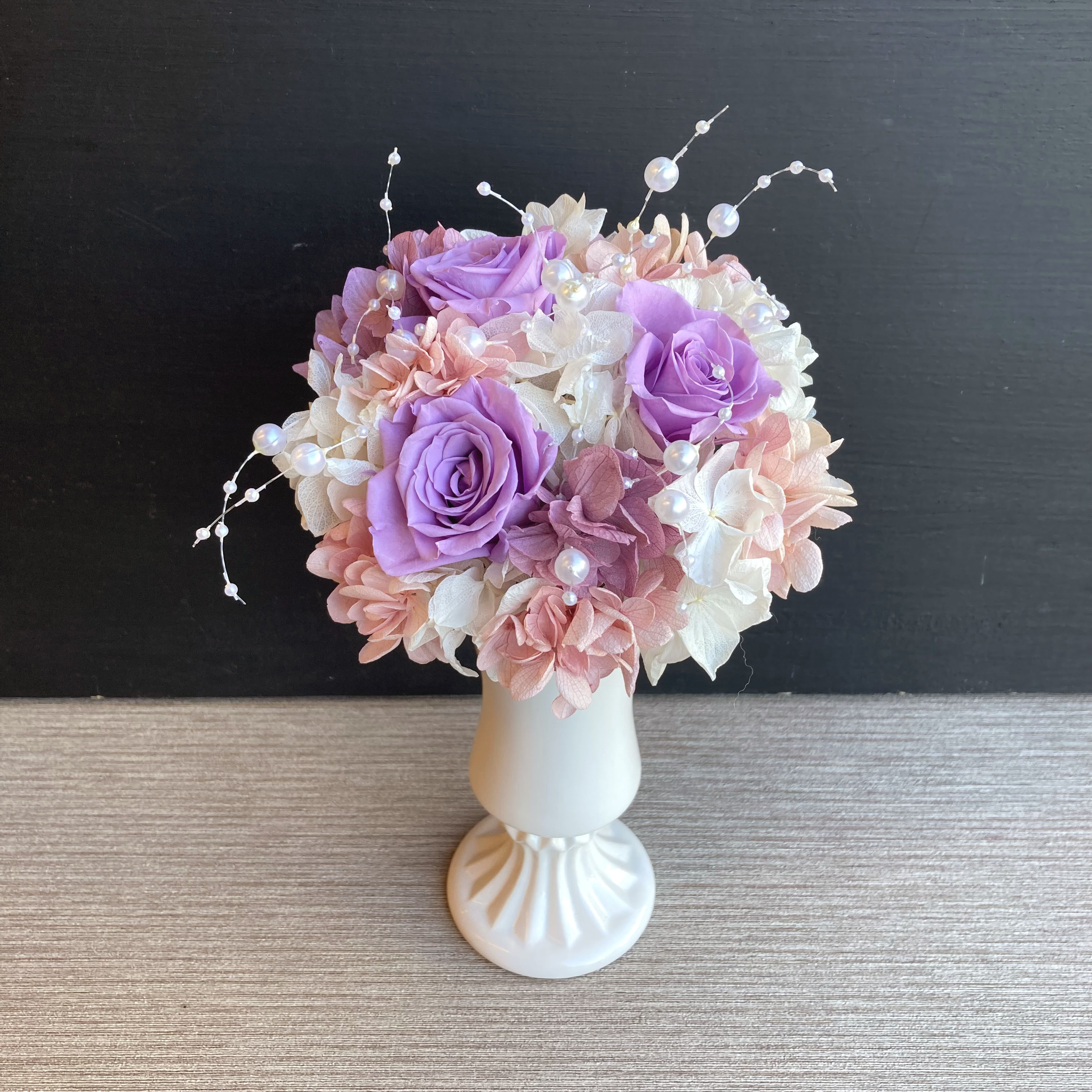 新色入荷／一点物【敬老の日・ウェディング】ラベンダーカラーのプリザーブドフラワー パープル／古希祝い／喜寿祝い