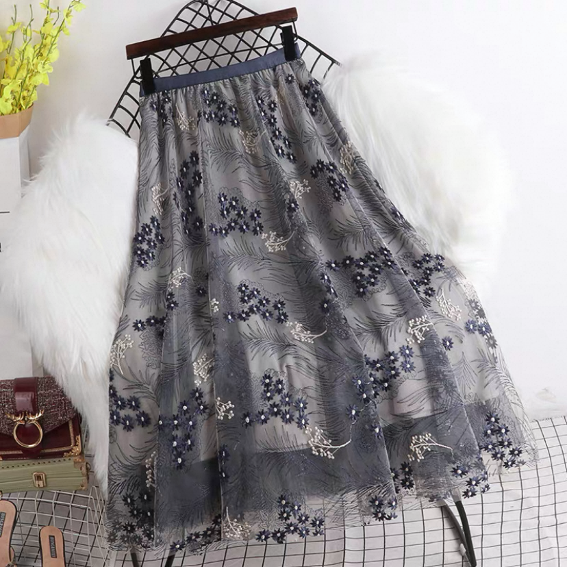 夏、春、秋、チュールスカート、ウエスト ゴム、チュールレース、スカート、ボトムス、刺繍