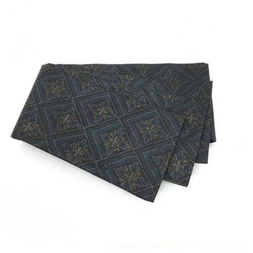 美品 正絹 大島紬 半幅帯 黒 菱紋 長尺420 個性派 幅16.5 中古品