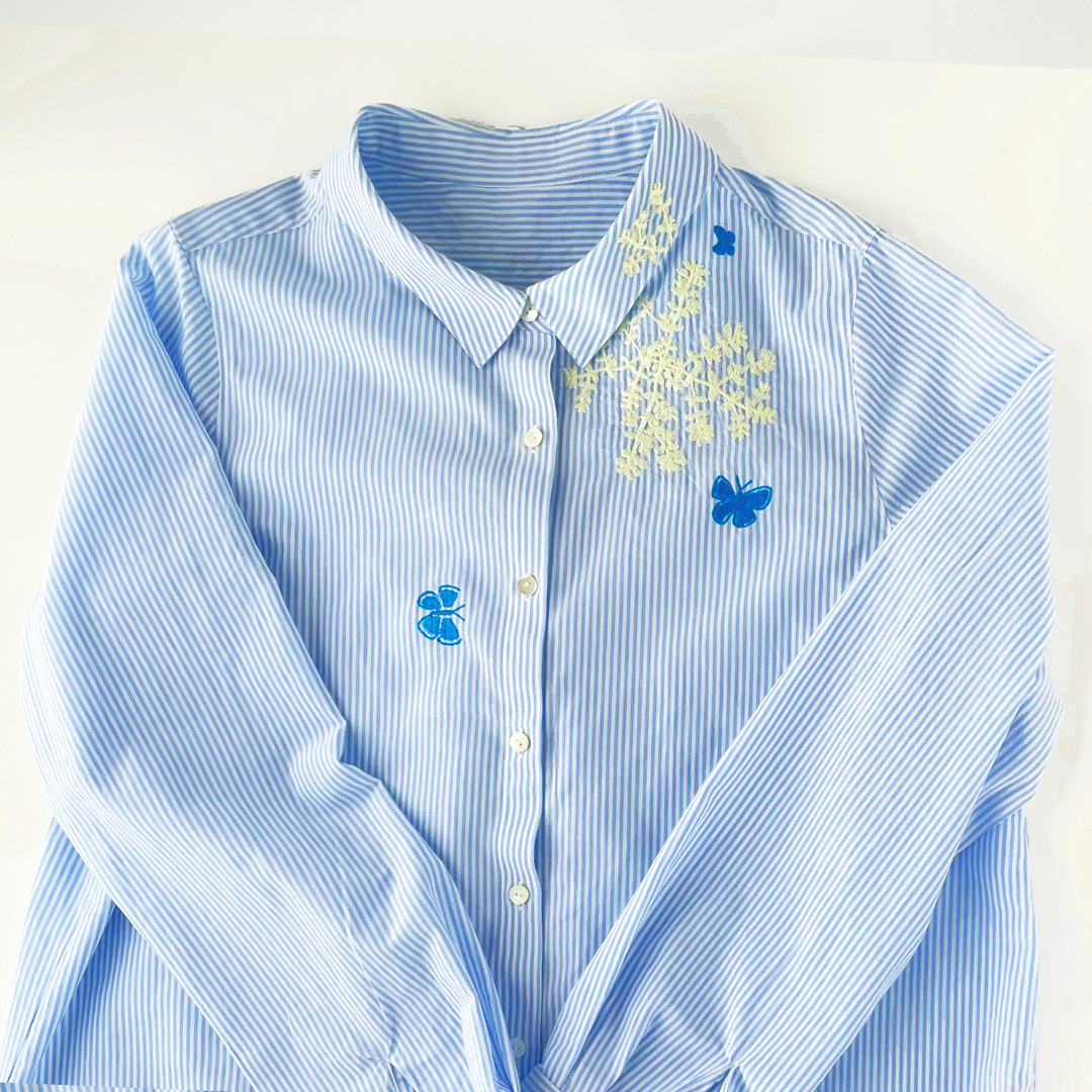 綿100%ストライプシャツ　刺繍入り　　サイズが選べる【受注製作】　草花模様　ボタニカル