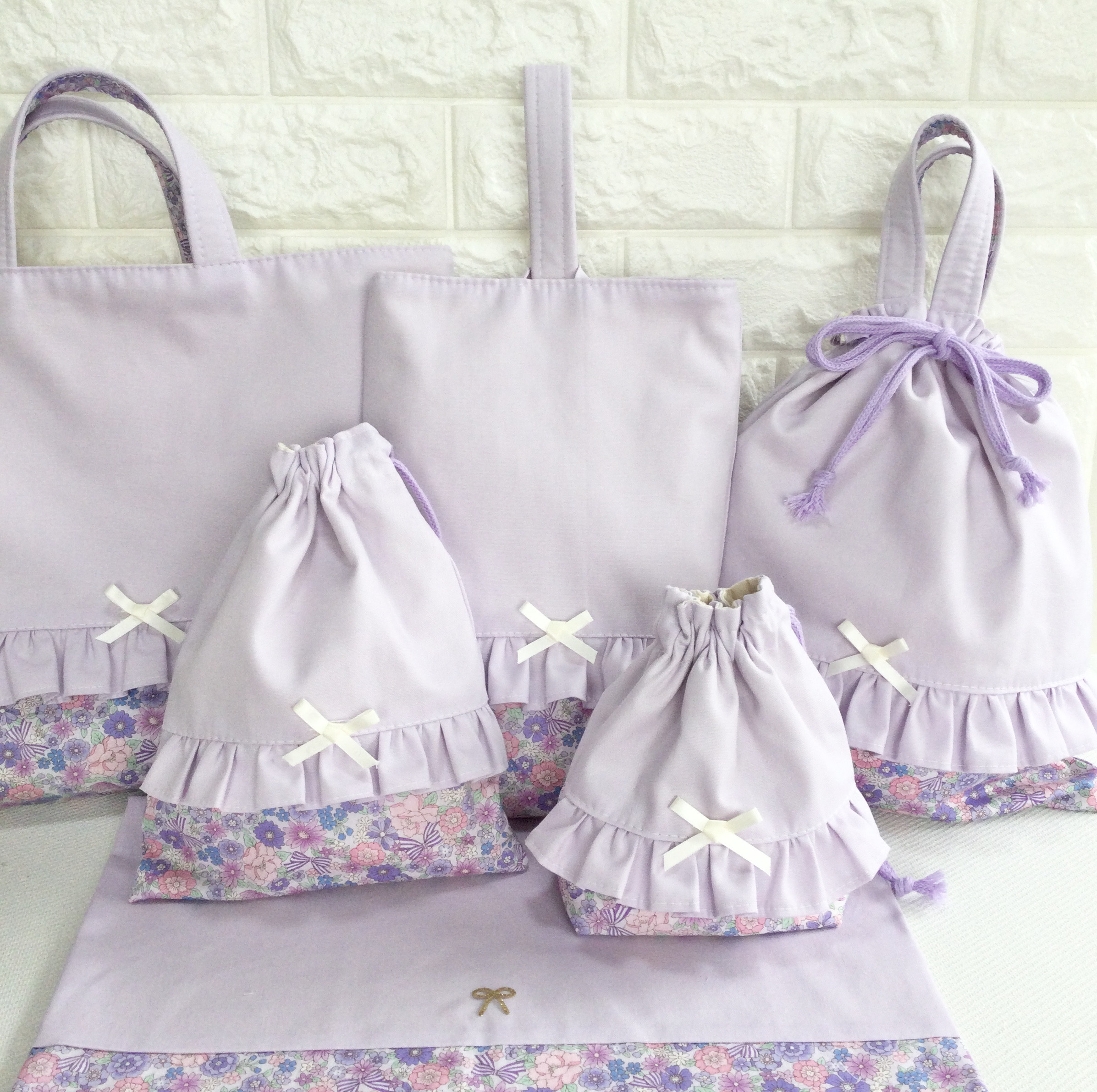 淡いシュガーパープル　6点セット レッスンバッグ　シューズケース　お着替え袋　入園　入学セット　小花　花柄　リボン