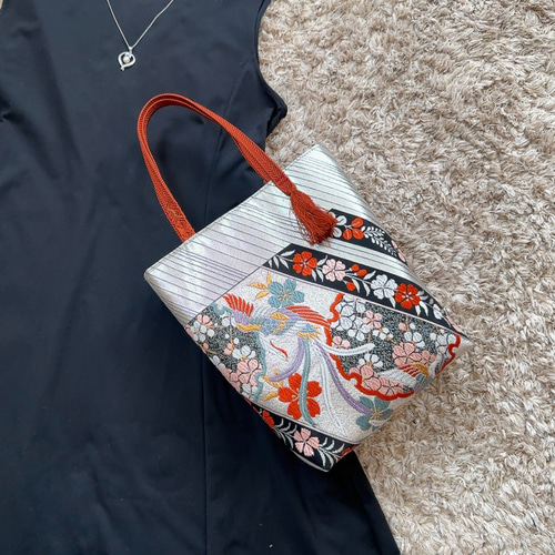 絹の帯と帯締めのバッグ 鳳凰花文柄 帯リメイク358 ハンドバッグ Ho