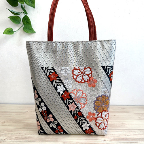 絹の帯と帯締めのバッグ 鳳凰花文柄 帯リメイク358 ハンドバッグ Ho