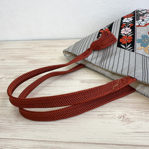 絹の帯と帯締めのバッグ 鳳凰花文柄 帯リメイク358 ハンドバッグ Ho