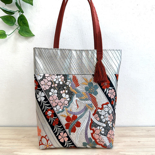 ハクちゃん　帯リメイクバック 絹の帯と帯締めのバッグ 鳳凰花文柄 帯リメイク358 ハンドバッグ Ho