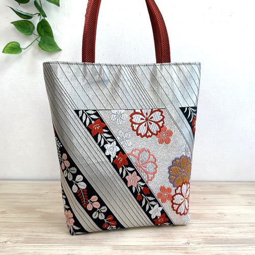 絹の帯と帯締めのバッグ 鳳凰花文柄 帯リメイク358 ハンドバッグ Ho