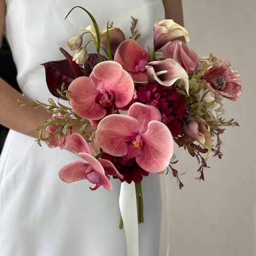 ピーチ　バーガンディ　胡蝶蘭　ウェディングブーケ　アーティフィシャルフラワー造花 ピーチバーガンディ胡蝶蘭♪ウェディングブーケ アーティフィシャル
